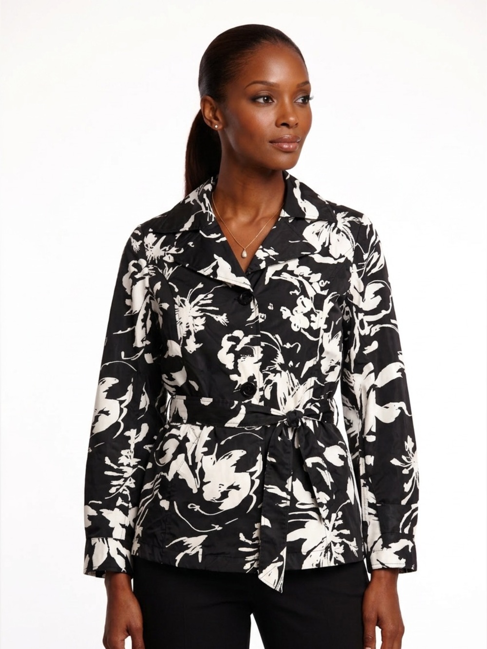 Chico's Black & White Satin Lightweight Floral Pea Coat Feminine Fall Jacket-10
